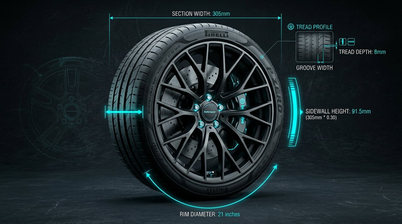 Tire height and diameter engineering blueprint diagram illustrating top and bottom sidewall height addition to rim diameter