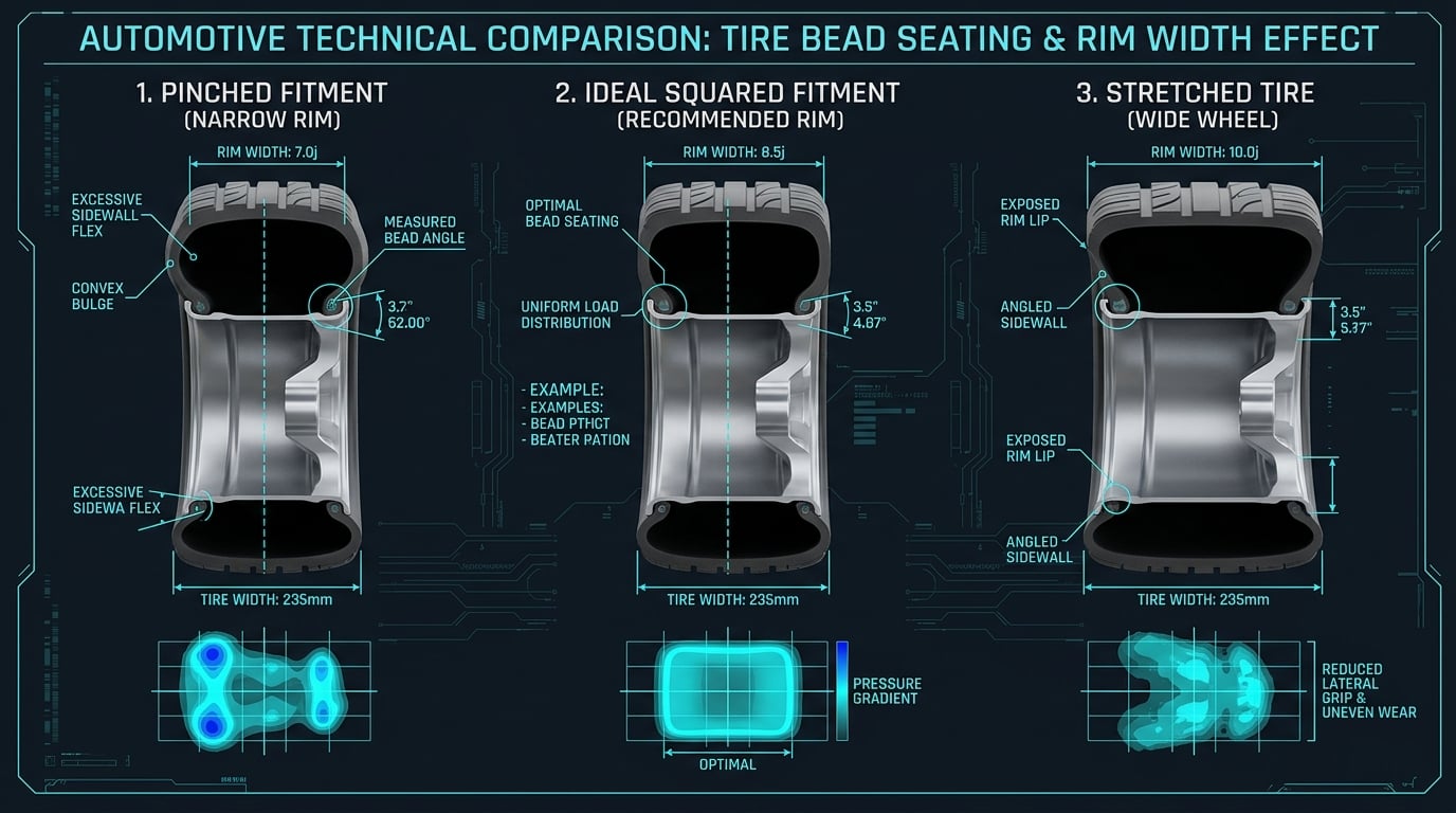 Automotive engineering cross-section comparing tire bead seating and rim width: pinched fitment on narrow rim, ideal squared fitment on recommended rim, and stretched tire fitment on wide wheel